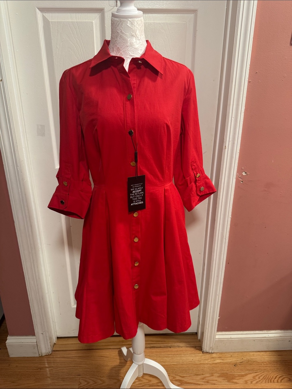 White House Black Market Red Button-Front Shirt Dress - Picture 3 of 6